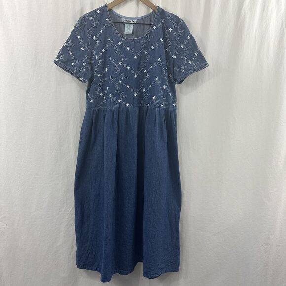 Alexandra Lee Vintage Denim Chambray Embroidered Maxi Dress Womens Size 14 - Picture 1 of 10